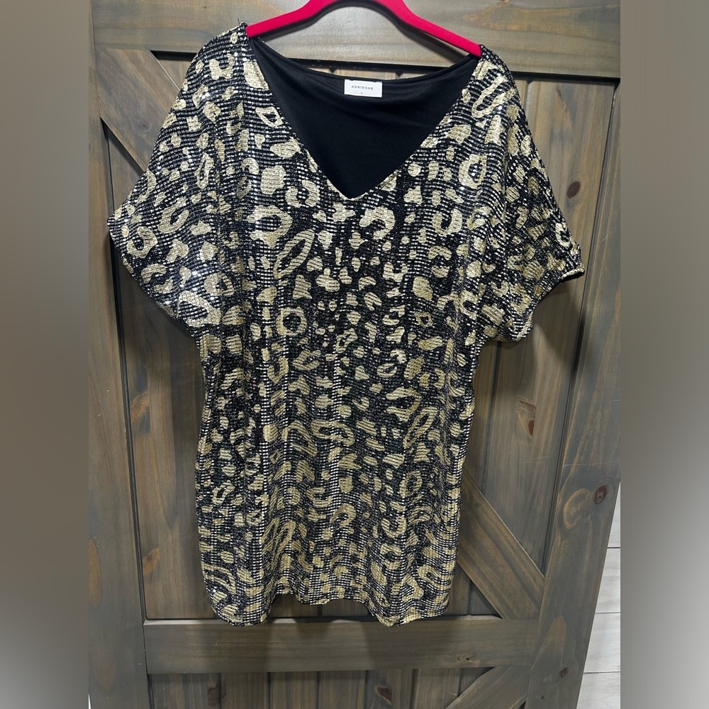 Woman’s Adrienne Leopard Print Sequin Shift Dress Sz Large
